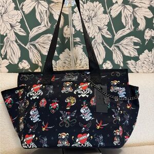 Ed Hardy Black Tattoo Print Tote Bag NWT
